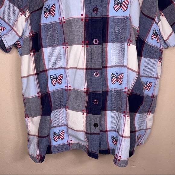 SIZE 26w 28w VINTAGE NORTHCREST RED WHITE BLUE BUTTON FRONT SHORT SLEEVE - Picture 4 of 11